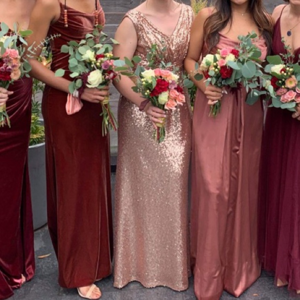 Rose Gold Sequin floor length, formal gown | Revelry Bijoux